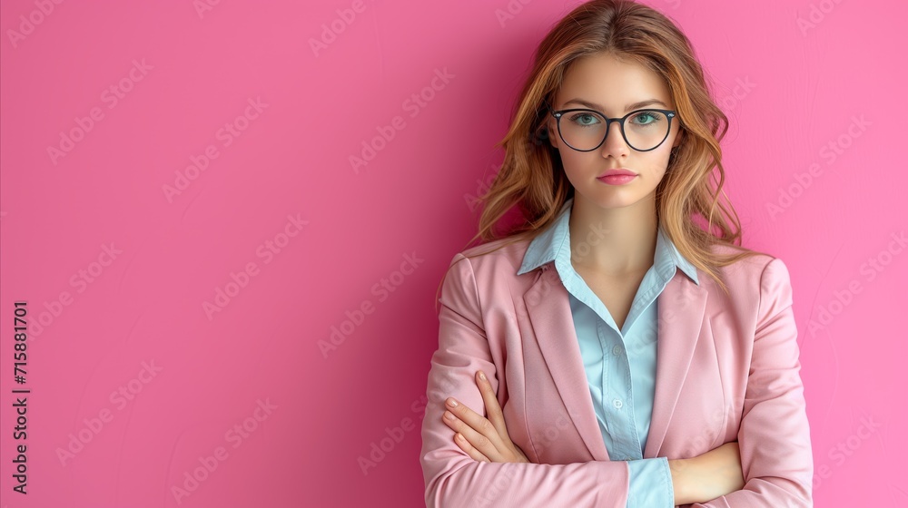 Confident young businesswoman in stylish glasses and pink blazer