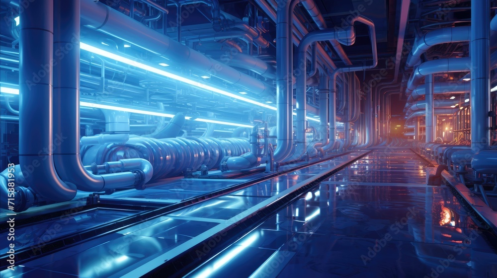 Hydrogen power plant large steel tanks and pipes. Big power plant pipes and steel tanks. Industry banner Hydrogen power plant large steel tanks and pipes. Big power plant pipes and steel tanks. Industry banner