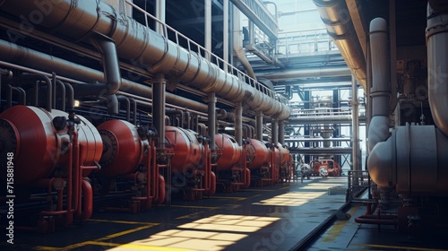 Hydrogen power plant large steel tanks and pipes. Big power plant pipes and steel tanks. Industry banner photo