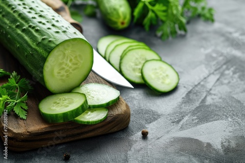 Fresh cucumber sliced with a knife, on a wooden board photo