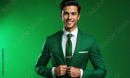 Happy young business man posing isolated over green background