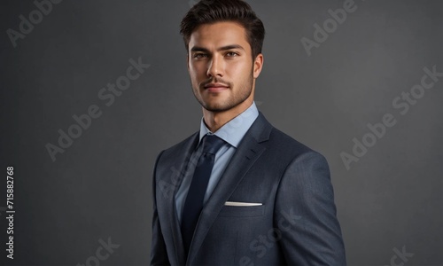 Happy young business man posing isolated over grey wall background