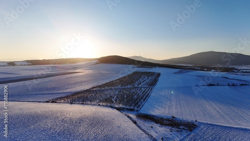 Ośnieżone pola, wzgórze, drzewa w sadzie pod zachodzące słońce na tle błękitnego nieba. photo