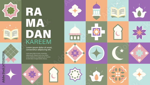 Ramadan Kareem. Islamic greeting card, poster template in flat geometric style. Eid Mubarak. 