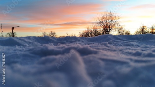 Zdjęcie zrobione z powierzchni śniegu, w tle widoczne krzewy i kolorowe chmury na niebie.