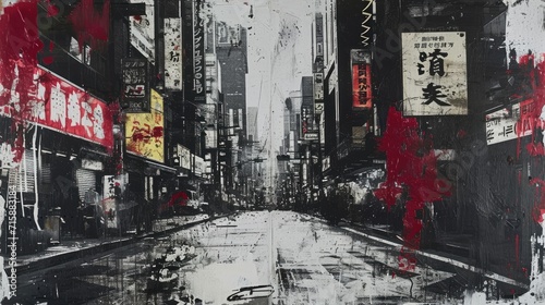 Generative AI, vintage grunge black and white collage poster with asian cityscape. Different textures and shapes 