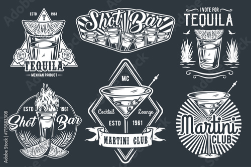 Tequila shot and martini vector set with lime and fire for alcohol cocktail bar or drink party. Vintage and retro emblem design collection for barman or bartender