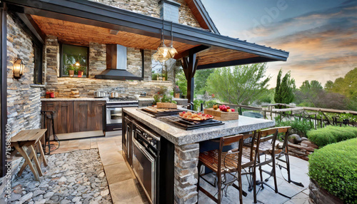 outdoor kitchen with a built-in grill, stone countertops, and a dining area photo