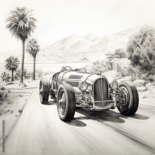 Pencil sketch beautiful scenery racing car image Generative AI