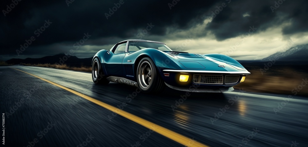 A super-sport car in cerulean blue, cruising under a dark, overcast sky,