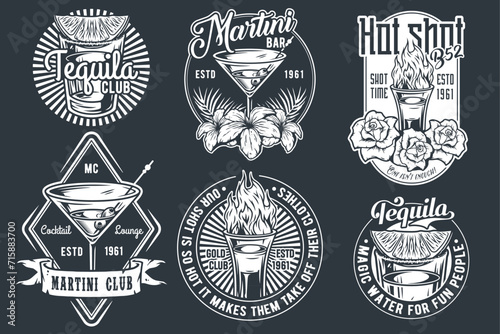 Tequila shot and martini vector set with lime and fire for alcohol cocktail bar or drink party. Vintage and retro emblem design collection for barman or bartender