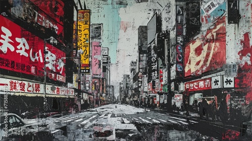 Generative AI, vintage grunge black and white collage poster with asian cityscape. Different textures and shapes	 photo