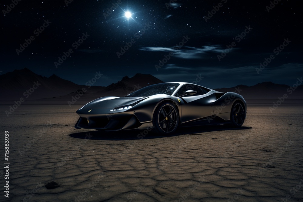 A super-sport car in charcoal black, gliding under a dark, star-filled desert sky,
