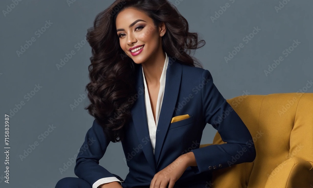 Happy young business woman posing isolated over grey wall background Happy young business woman posing isolated over grey wall background