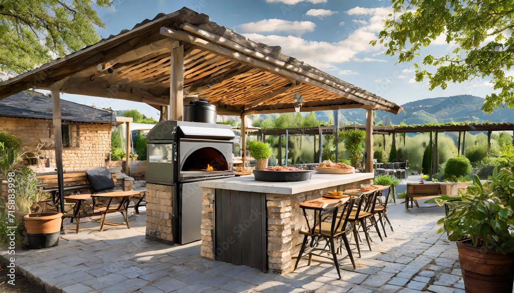 outdoor kitchen with a pizza oven, bar seating, and a pergola for shade outdoor kitchen with a pizza oven, bar seating, and a pergola for shade