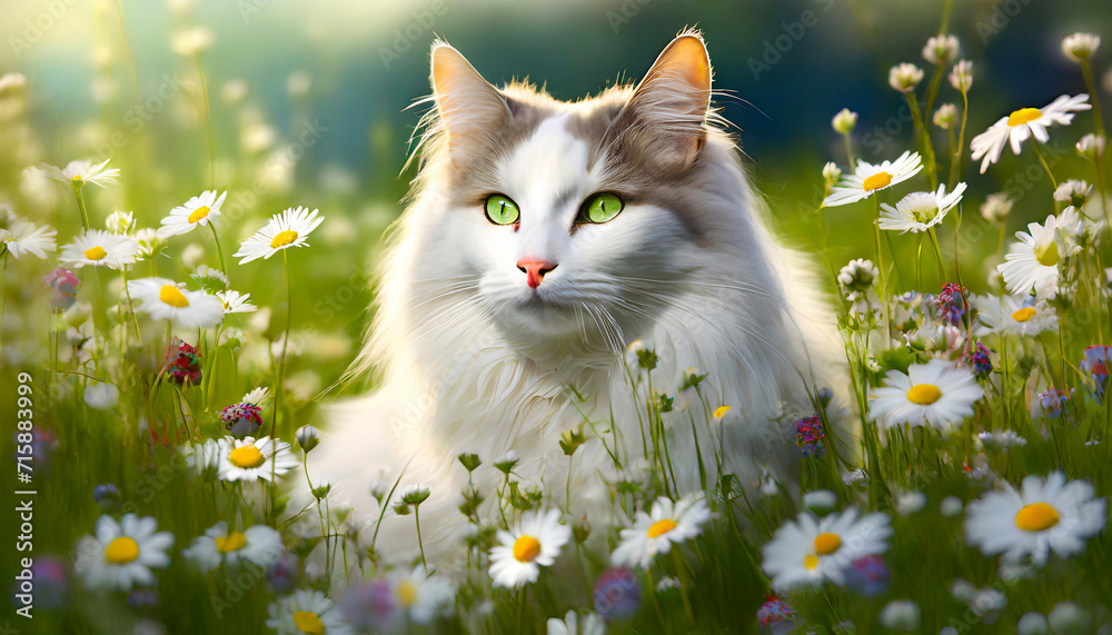 Biały kot rasy Norwegian Forest, letnia łąka - obrazy, fototapety, plakaty 