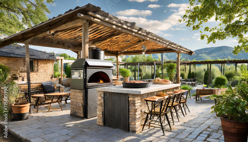outdoor kitchen with a pizza oven, bar seating, and a pergola for shade © Bottom