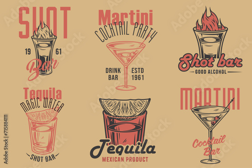Tequila shot and martini vector set with lime and fire for alcohol cocktail bar or drink party. Vintage and retro emblem design collection for barman or bartender
