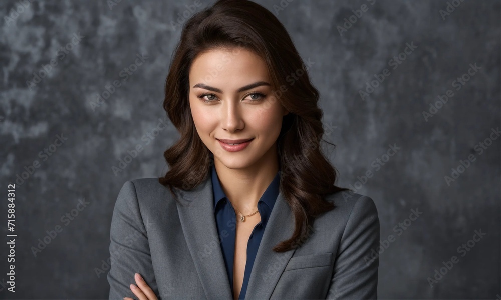 Happy young business woman posing isolated over grey wall background
