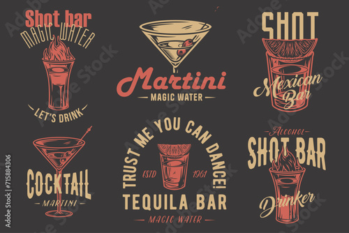 Tequila shot and martini vector set with lime and fire for alcohol cocktail bar or drink party. Vintage and retro emblem design collection for barman or bartender
