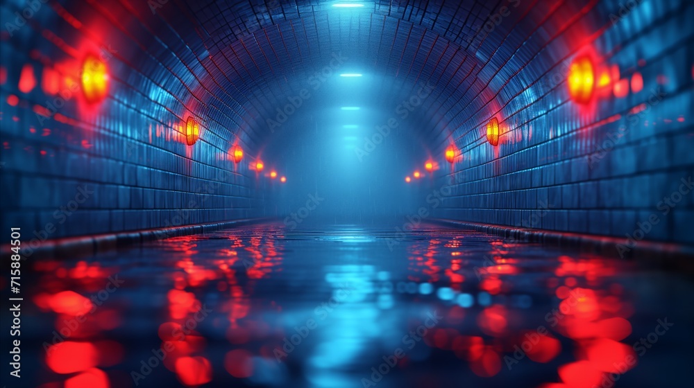 Futuristic blue tunnel with red lighting and reflective floor - obrazy, fototapety, plakaty 