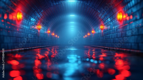 Fotografia, Obraz Futuristic blue tunnel with red lighting and reflective floor