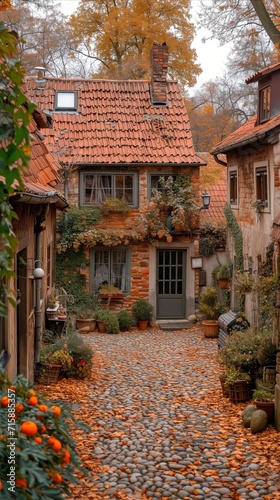 Charming autumn cobblestone street with quaint houses and fall foliage