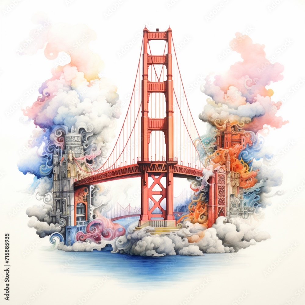 Fototapeta premium Pencil sketch clouds colorful gate bridge images Generative AI