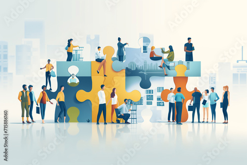 Vibrant scene of employees working together and each person contributing a unique piece to a shared success puzzle, diversity of roles and talents within the office team, Collaborative Success concept photo