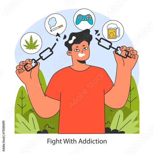 Dopamine fasting concept. Breaking free from addictive behaviors and substances. Empowerment over dependencies. Flat vector illustration.