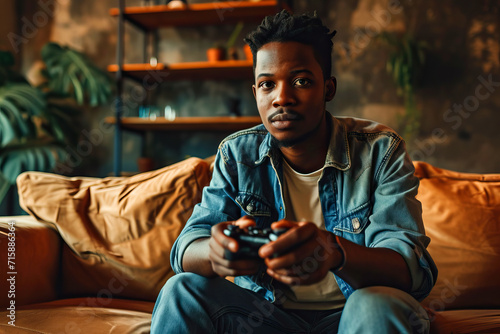 Black guy sitting on a sofa and playing video game with gamepad