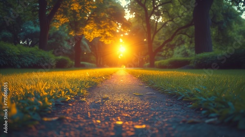 Serene sunset path in a lush green park with golden light