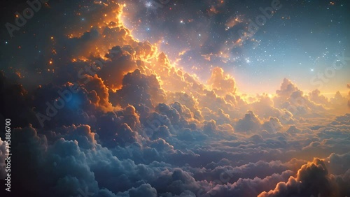 Ethereal background of formations of pink clouds and twinkling stars with copyspace, colored beautiful landscape Magical fantasy sky with sunlight