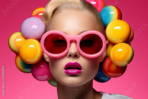 Stylish Woman with Colorful Bubble Gum Balloons and Sunglasses