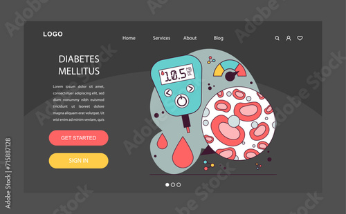 Endocrine system disease night or dark mode web banner or landing page. Measuring sugar blood with glucose meter. Glucose glycemic index monitoring. Endocrine system disease. Flat vector illustration