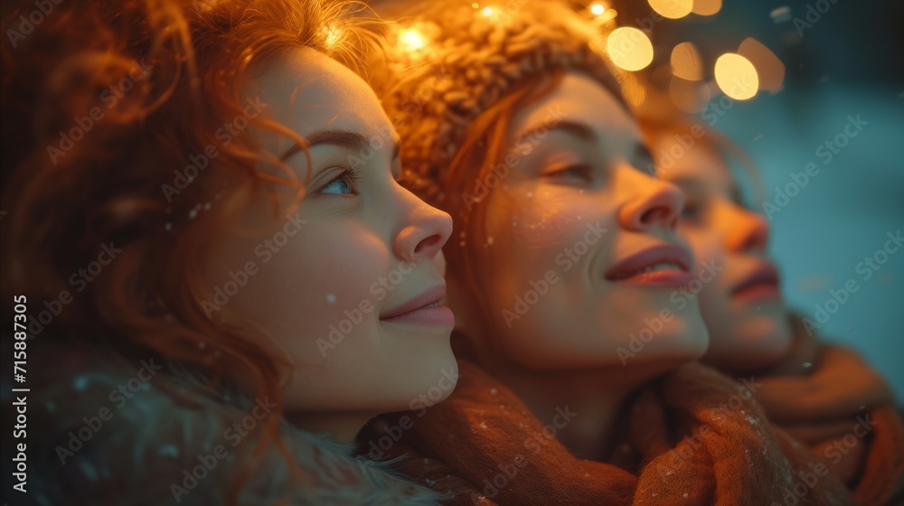 Close-up of three friends enjoying winter evening with festive lights