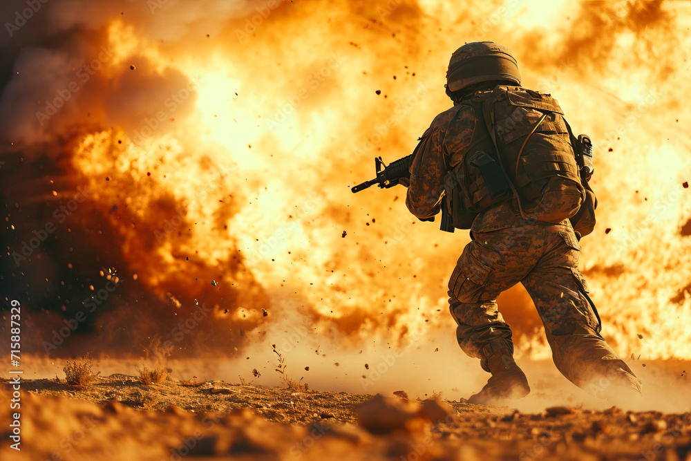 Military soldier with weapons run on fire during the war Military soldier with weapons run on fire during the war