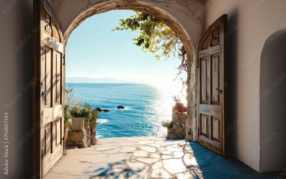 Open traditional wooden doors leading to a bright and serene Mediterranean seascape, symbolizing new beginnings, opportunities, and a peaceful retreat