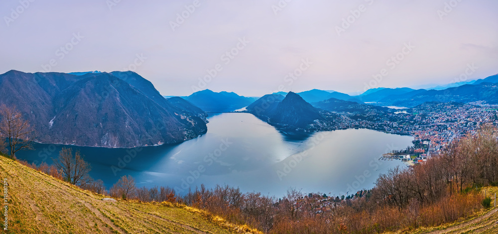 Panoramic Alpine landscape with Lake Lugano from Monte Bre, Switzerland