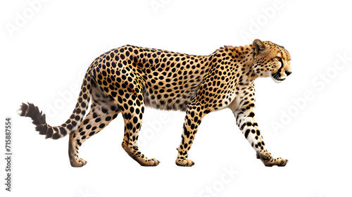 Cheetah Walking Across White Background – Majestic African Predator in Striking Pose.