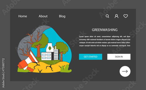 Greenwashing. Consumer disinformation with fake marketing campaign. Corporate lies about factory sustainable, emission-free production. Flat vector illustration