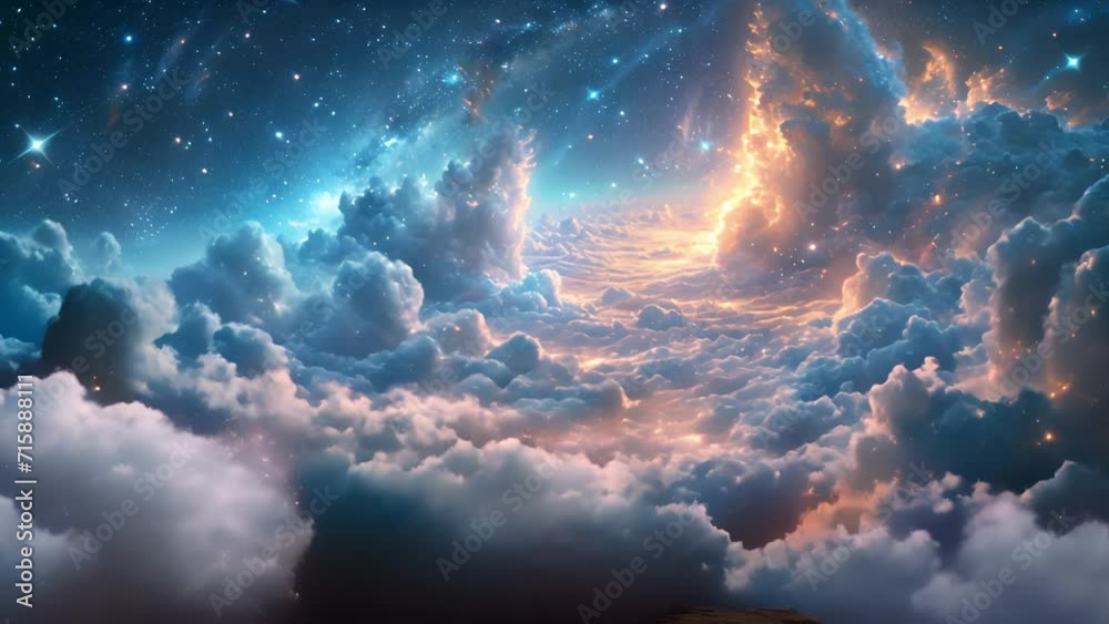 Ethereal background of formations of pink clouds and twinkling stars with copyspace, colored beautiful landscape Magical fantasy sky with sunlight