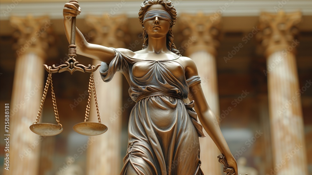 Bronze statue of lady justice with scales in front of pillars Bronze statue of lady justice with scales in front of pillars