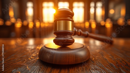 Wooden gavel on table in courtroom with sunlight background