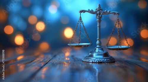 Classic justice scales on wooden table with ethereal blue glow