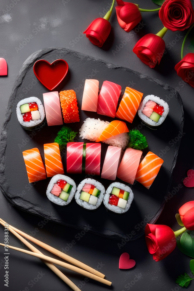 Romantic menu asian food Valentines Day Heart-Shaped Sushi on dark background.