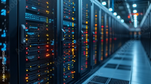 Modern data center servers rack with led lights in a dark room