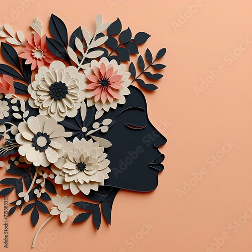 Illustration of face and flowers style paper cut with copy space for Black History Month and Black Woman generative AI © Multi-Media