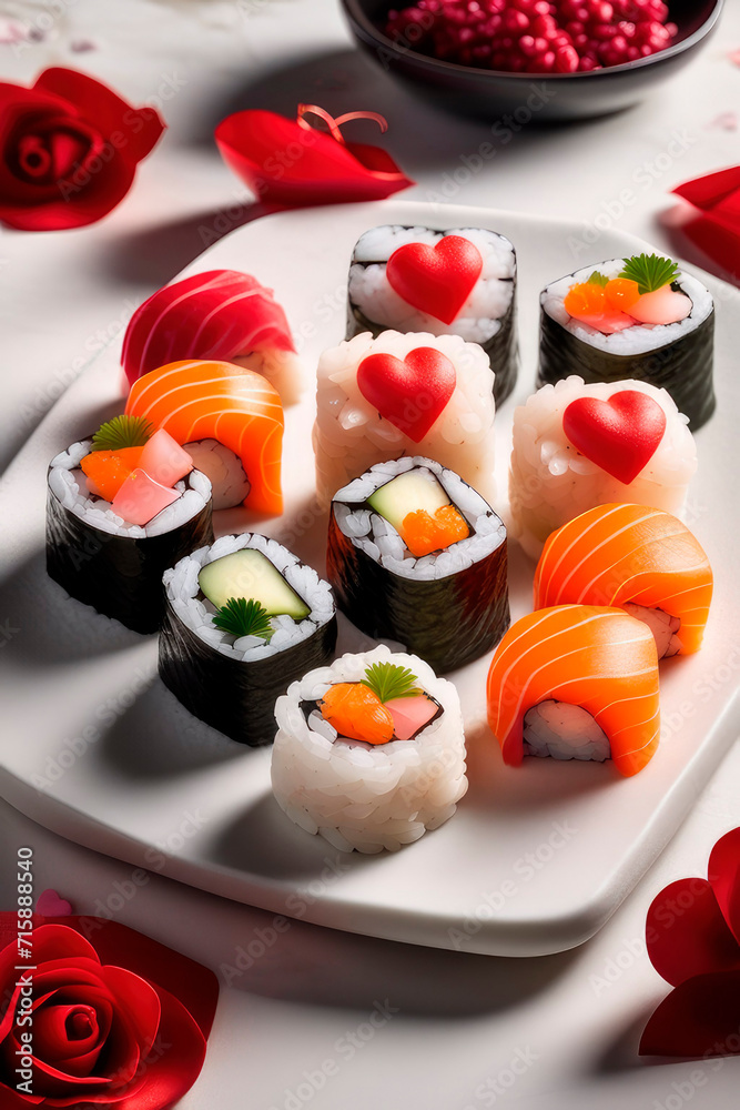 Romantic menu asian food Valentines Day Heart-Shaped Sushi on light background. Romantic menu asian food Valentines Day Heart-Shaped Sushi on light background.
