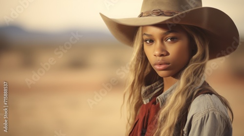 Photorealistic Teen Black Woman with Blond Straight Hair retro Illustration. Portrait of a person in western movie vintage style. Cowboy spirit Ai Generated Horizontal Illustration.